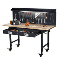 Garvee 60" Adjustable Height Workbench With Rubber Wood Tabletop, Pegboard, Storage Drawers, Wheels, Power Outlet For Garage Workshop, 2000lbs Capacity, Black