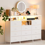 Garvee Dresser with 11 Fabric Drawers, Power Outlet & LED Lights, 55" TV Stand for Bedroom, Closet, Entryway, Wooden Top - White