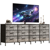 Garvee 70 Inch Fabric Dresser with 12 Drawers for Bedroom and Living Room, TV Stand for 65-80 Inch TV, Wide Chest of Drawers with Storage, Large Entertainment Center, Rustic Wood Top, Neutral Color - Grey