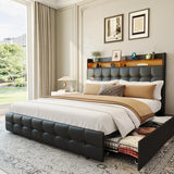 Garvee Queen Size Bed Frame with 2 Storage Drawers, LED Light, Charging Socket, USB Port, PU Leather, Black, Spacious, Sturdy, Comfortable - Black