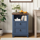 Garvee Nightstand with Charging Station Blue Wooden End Table Modern Farmhouse Bedroom Living Room 18"