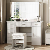 Garvee Vanity Desk with Large Mirror and Lights, Makeup Vanity with Charging Station, 7 Drawers, Adjustable 3-Color LED Lighting, Bedroom White