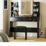 Garvee Vanity Desk with Lights Tri-Mode LED Lighted Mirror Makeup Vanity Set 6 Shelves 2 Drawers Marble Black