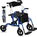 Garvee All-Terrain 2 In 1 Rollator Walker & Transport Chair with 8" Non-Pneumatic Wheels for Seniors, Folding, Reversible Backrest, Detachable Footrests, Blue - 8" Wheels