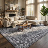 Garvee Living Room Area Rug 8x10 Vintage Border Indoor Carpet Grey Low Pile Stain Resistant Non Slip - Grey