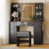 Garvee Makeup Vanity with Mirror and Chair, Power Outlet, Hairdryer Holder, 7 Drawers, Adjustable LED Lighting for Bedroom, Jet Black - Black