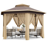 Garvee Outdoor Canopy Tent with Mosquito Netting, Pop Up Canopy, Adjustable Heights, 13x13Ft, Double Vented Roof Sun Shelter, Black - Khaki Beige