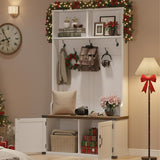 Garvee Hall Tree with Shoe Storage & Bench, Farmhouse Wood Hall Tree with Metal Corner Protector, 5 Tri-Hook, Adjustable Shelf, White, 76"H x 39.37"W x 15.75"D