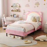 Garvee Twin XL Size Bed Frame with LED Lights, Adjustable Pink Velvet Headboard, Solid Wood Slat Support for Kids