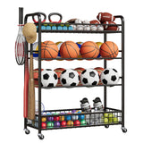 Garvee Ball Storage Rack Rolling Sports Equipment Organizer with Baseball Bat Holder and Wheels for Volleyball Football Basketball Accessories 39x15.7x50 in Black