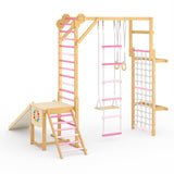 Garvee 8-In-1 Indoor Jungle Gym Set with Slide Swing Monkey Bar Wooden Climbing Structure for Kids Ages 3-10, Compact Size, Natural Wood Color - Pink