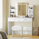 Garvee Vanity Desk with Tri-Mode LED Lighted Mirror, Charging Station, 6 Shelves, 2 Drawers, Soft Cushion Stool, Marble White for Bedroom - Marble White