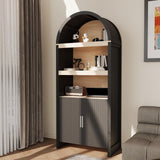 Garvee 71 in Tall Bookshelf Arched Cabinet with Fluted Doors, 5-Tier Wooden Storage for Office Dining Living Room, Black & Brown - Black & Oak