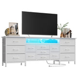 Garvee 70 Inch TV Stand with Drawers and Outlet, Long Entertainment Center for 65-80 Inch TV, Fabric Dresser Media Console with LED Light, Black - White