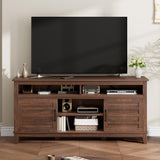 Garvee 63 Inch Farmhouse TV Stand with Adjustable Shelves and Cabinet Doors for Living Room, Wood Finish, Compact Design