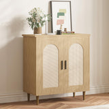 Garvee Rattan Sideboard Buffet Cabinet with Storage Solid Wood Feet for Living Room Hallway Entryway Natural Finish White Ample Storage - White