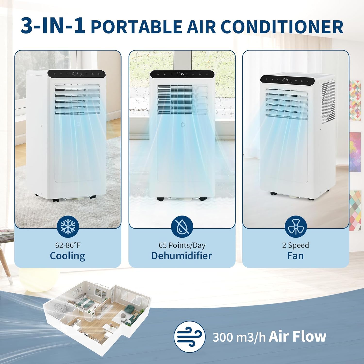 Garvee 10000BTUs Portable Air Conditioner, 4-in-1 Portable Air Conditioner & Heater，Quiet Cooling & Heating, Dehumidifier, Fan Modes for Room Up to 450 Sq. Ft, Auto Swing, 24 Timer, White