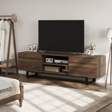 Garvee Industrial TV Stand for 80 Inch TVs with 2 Drawers and Open Shelves, Walnut Finish, Wood and Metal, Living Room Cabinet, Heavy-Duty, 70.1x15.1x20.4 inches