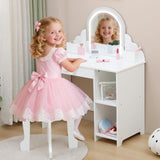 Garvee Kids Vanity With Lighted Mirror & Stool For Girls 3-9, Adjustable LED Light, White - White