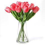 Garvee 10 Pcs Real Touch Artificial Tulips With Glass Vase - Rose Red Spring Flower Arrangement For Easter Wedding Home Table Centerpiece Decor - Rose Red