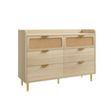 Garvee 6 Drawer Rattan Dresser, Narrow Wicker Chest of Drawer with Railed Edge, Metal Legs, Gold Handles, Farmhouse Wooden Storage Dresser for Bedroom, Nursery, Light Oak