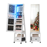 Garvee 360° Swivel Jewelry Cabinet with LED Lights, Inside Makeup Mirror, Rotatable Full Length Mirror with Jewelry Storage, Lockable Standing Jewelry Armoire Organizer with Drawer and Wheels (White)