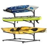 Garvee Kayak Storage Rack 3-Tier Freestanding Heavy-Duty Metal Garage Storage System for Canoe Surfboard Paddleboard Skis Adjustable Vertical Rack with Paddle Hooks Easy Assembly - Black
