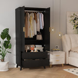 Garvee 71" Armoire Wardrobe Closet, Modern Wooden Bedroom Armoire with 2 Drawers & 2 Doors, Adjustable Shelves, Aluminum Hanging Rod, Locker, Multi-Color - Black Wave