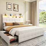 Garvee Full Bed Frame with Headboard, 2 Storage Drawers, LED Light, USB Charging Socket, Beige, Full Size Upholstered Bed - Beige