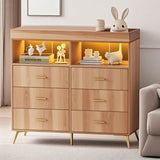 Garvee Baby Changing Table Dresser with 6 Drawers, LED Lights & Charging Station for Nursery, 43.3in White - Natural