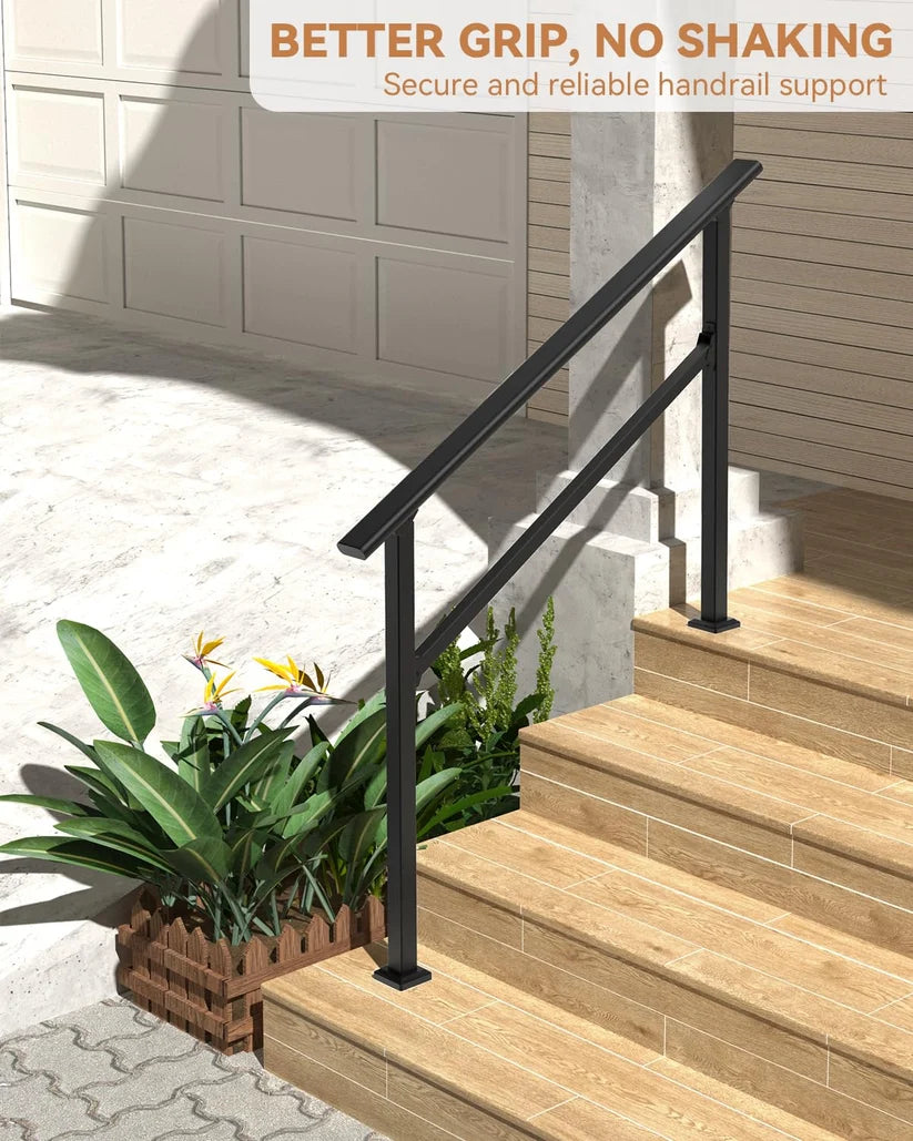Garvee Adjustable Outdoor Stair Handrail Kit - Sturdy Aluminum Stair Railing, Weatherproof Non-Slip Hand Rail, Includes Install Hardware for Concrete/Wood/Porch Stairs - 3 Steps | 2-Pack | Glossy black