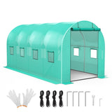Garvee 15'x7'x7' Walk-In Tunnel Greenhouse - Hoop House with Galvanized Steel Frame, 140g/m² Green PE Cover, Roll-Up Zipper Door & 8 Windows - Green