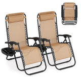 Garvee Outdoor Reclining Lounge Chair Set of 2 with Cup Holder & Padded Headrest Adjustable Patio Folding Chairs Heavy Duty Portable Camping Lawn Chairs for Pool Backyard Beach Deck Khaki - Khaki