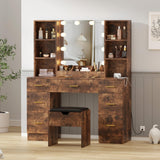 Garvee 56" Modern Vanity Set with LED Lighted Mirror, Farmhouse Makeup Vanity with Power Outlet & Storage Shelves, Adjustable Brightness, Brown - Brown(Burnt Wood)