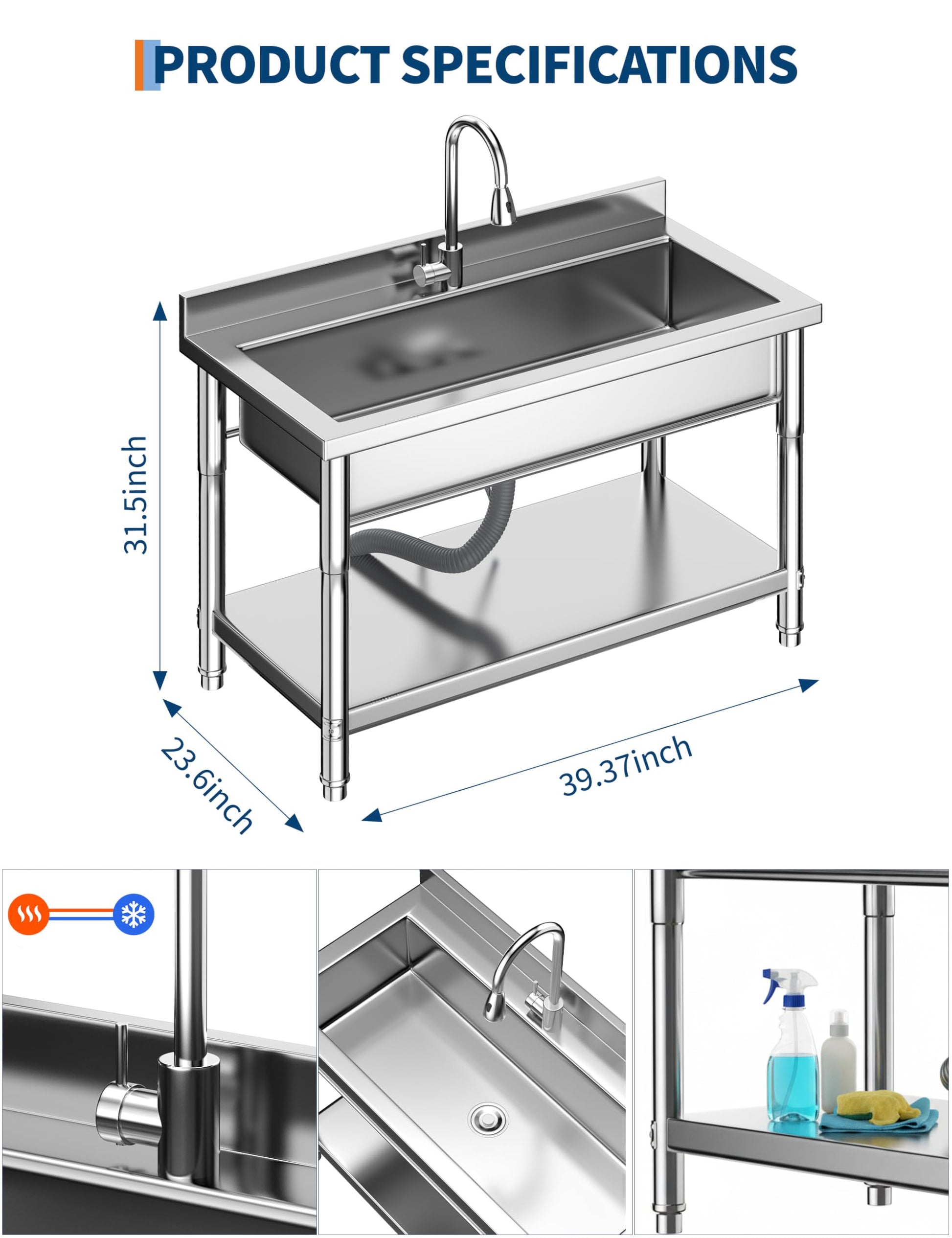 Garvee Utility Sink Stainless Steel Single Bowl with 3-Mode Pull-Out Faucet and 22-Gallon Basin Durable Commercial Grade Freestanding for Kitchen Laundry