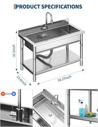 Garvee Utility Sink Stainless Steel Single Bowl with 3-Mode Pull-Out Faucet and 22-Gallon Basin Durable Commercial Grade Freestanding for Kitchen Laundry