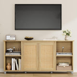 Garvee 63" Mid-Century Modern Rattan TV Stand With 2 Storage Cabinets & 3 Open Shelves For Living Room, 63" Size, Neutral Color