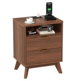 Garvee Modern Fluted Nightstand with Charging Station, Bedside Table with 2 Drawers & Open Shelf, USB Ports & Outlets for Bedroom & Living Room, 19.68in W x 14.96in D x 25.19in H, White