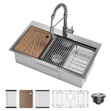 Garvee Drop In Kitchen Sink With Pull Down Spring Faucet, 30x18x9 Inch Stainless Steel Single Bowl Workstation Sink, Black, Kitchen Accessories Included