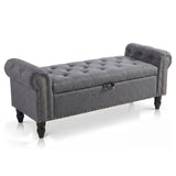 Garvee 51" Bedroom Storage Bench for End of Bed, Upholstered Ottoman Bench with Button Tufted Design and Rolled Arms, Anti Cotton and Linen Entryway Bench with Safety Hinge for Living Room, Closet, Gray