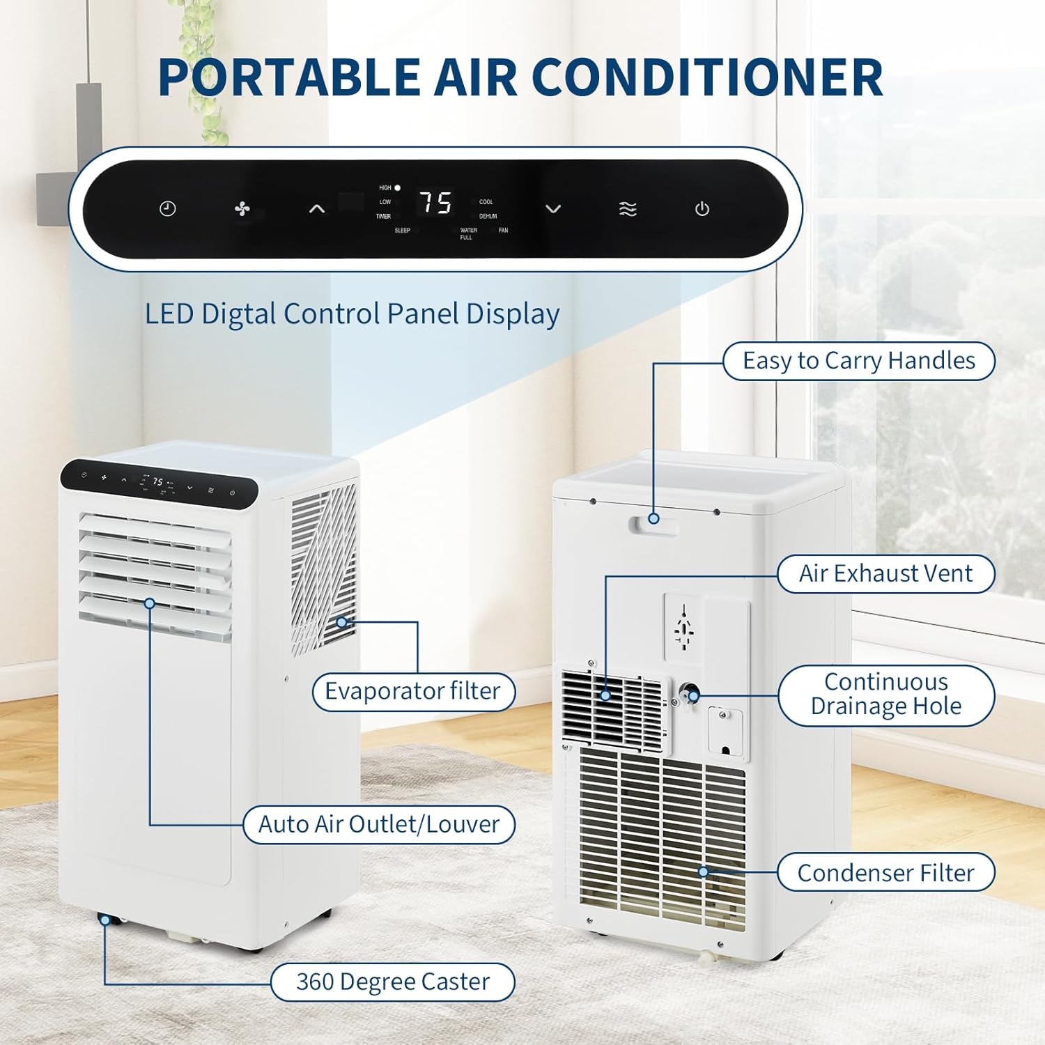 Garvee 10000BTUs Portable Air Conditioner, 4-in-1 Portable Air Conditioner & Heater，Quiet Cooling & Heating, Dehumidifier, Fan Modes for Room Up to 450 Sq. Ft, Auto Swing, 24 Timer, White