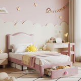Garvee Upholstered Twin Bed Frame with Storage Drawer & Scallop Headboard for Kids Girls, Princess Twin Size, Pink/White - Pink And White