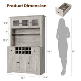 Garvee 68.7" Coffee Bar Cabinet with LED Light & Power Outlet, Farmhouse Kitchen Hutch, Adjustable Shelves, Tall Pantry Cabinet, White - Gray