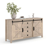 Garvee 60" Farmhouse Sideboard Buffet Cabinet with Sliding Barn Doors & 4 Drawers for Kitchen and Dining Room, 31.5" Tall, Antique White Wood - Rustic Gray