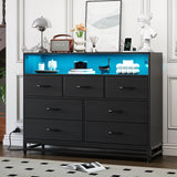 Garvee Black Wooden Dresser 7 Drawers With Charging Station And LED Lights For Bedroom Living Room Hallway, Large Capacity, Modern Design