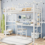 Garvee Twin Size Loft Bed with Large Desk and Storage Shelves, Heavy Duty Metal, Space Saving, White and Gray - White And Gray