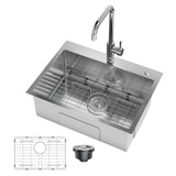 Garvee Drop In Kitchen Sink With Standard Faucet, 24x18x9 Inch Stainless Steel Single Bowl Workstation Sink, Silver, Kitchen Accessories Included