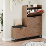 Garvee Shoe Storage Cabinet with Bench, 4 Flip Drawers, Walnut, Narrow Entryway & Hallway Shoe Rack