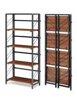 Garvee No-Assembly 4-Tier Folding Bookshelf Vintage Bookcase Storage Shelves Standing Rack Study Organizer Home Office Brown - Black+Brown