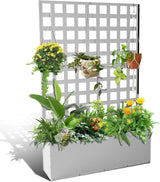 Garvee Large Galvanized Metal Raised Garden Bed with Trellis Privacy Screen - Outdoor Planter Box 71"x47"x12" Black - White-Horizontal Checkered Pattern
